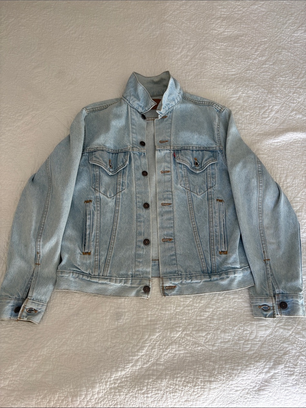 Light Wash Denim Trucker Jacket with Chest Pockets